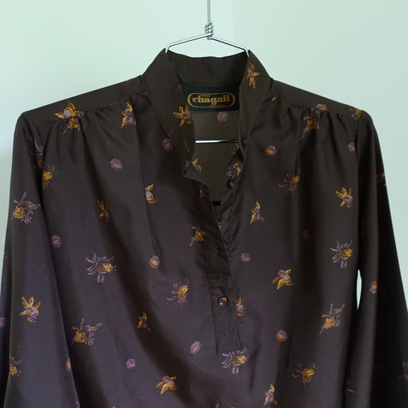 Vintage 1970s Brown Flower Print Blouse - Picture 2 of 3